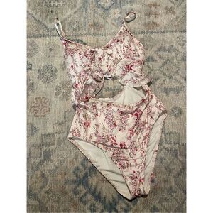 Hurley cherry blossom one piece ruffled lace up back L NWT